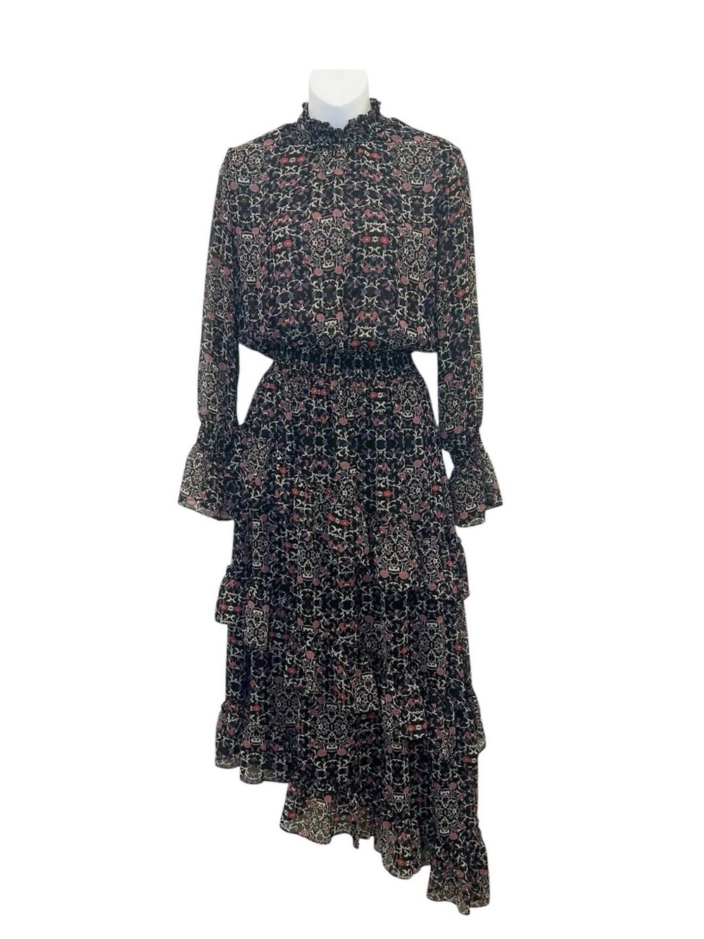 Misa Los Angeles Black Floral Ruffled High-Neck Long-Sleeve Maxi Dress
